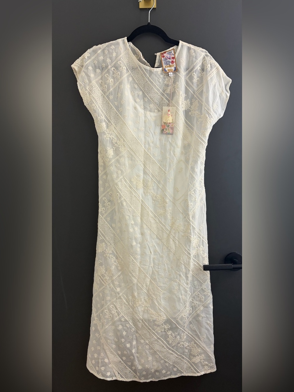 Johnny Was Ivory Embroidered Cap-Sleeve Midi Dress